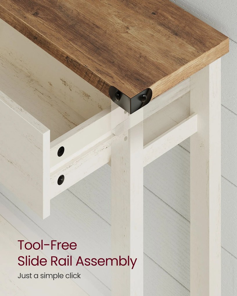 Keskeny konzolasztal 3 fiókkal és nyitott polccal, vidéki stílusban