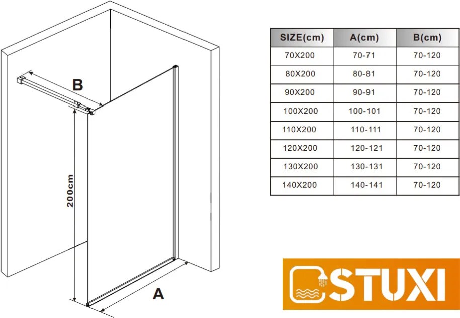 Stuxi Milano Walk-in zuhanyfal, 130x200 cm, 8 mm vastag vízlepergető biztonsági üveggel, króm profillal és távtartóval