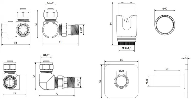 Mexen G00, axiális szelep G1/2" szögletes kupakkal és termosztatikus fejjel M30x1,5 mm, króm, W903-900-909-01