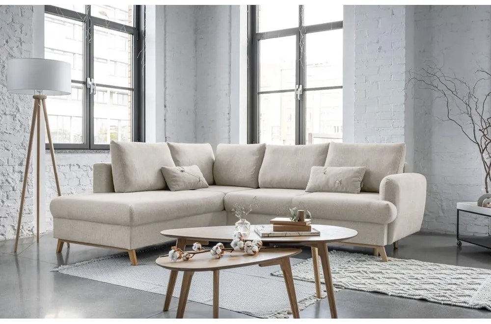 Bézs kinyitható-tárolóhelyes sarokkanapé (bal oldali-L alakú) Scandic Lagom – Miuform