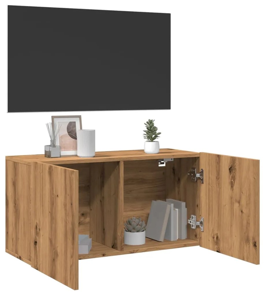 kézműves tölgy színű falra szerelhető TV-szekrény 80x30x41 cm