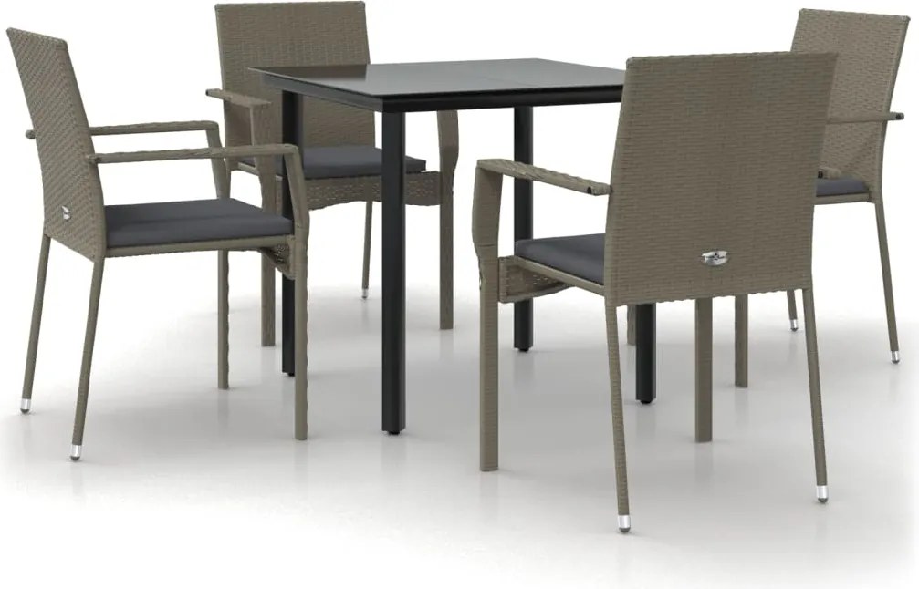 vidaXL 5 részes fekete és szürke polyrattan kerti étkezőszett párnával