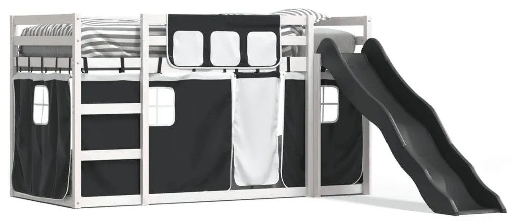 fehér-fekete emeletes ágy csúszdával és függönnyel 90 x 200 cm