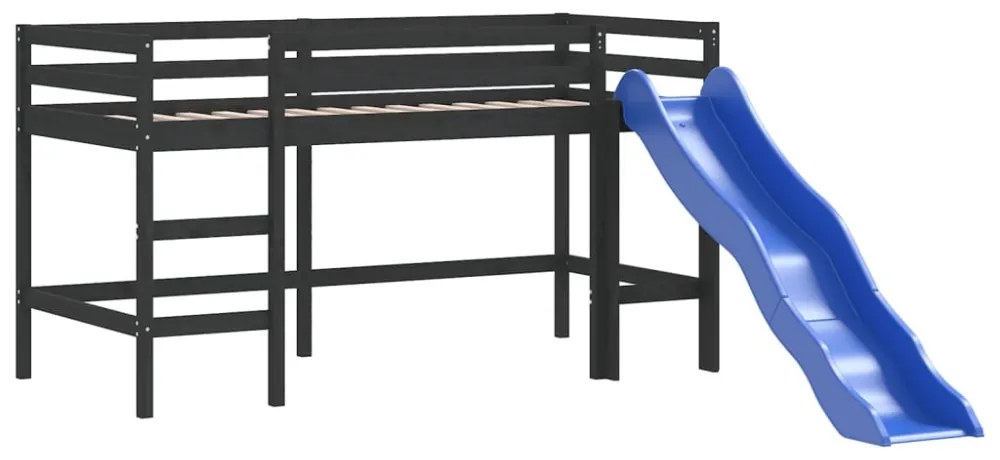 kék tömör fenyőfa gyerek galériaágy függönnyel 80 x 200 cm