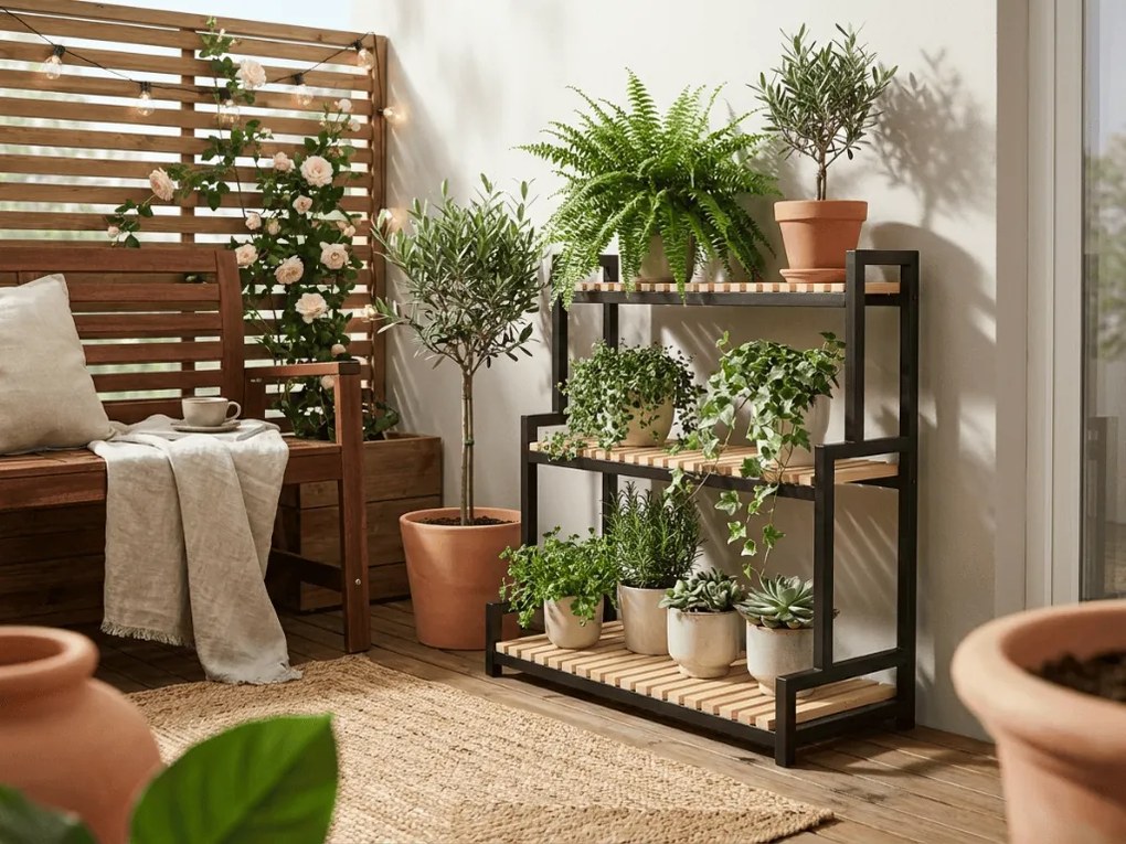 Virágállvány GREENY 3 polc 95x80 cm, fekete / tölgy dekor