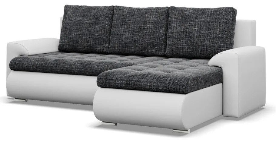Tokio sarokkanapé, 2 ágyneműtartóval, fonott + műbőr, jobboldali, sötétszürke - fehér