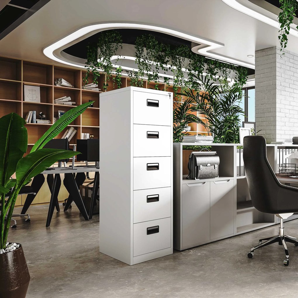 Fém irattartó szekrény, 5 fiókos SARA V5, 460 x 1625.5 x 620 mm, fehér