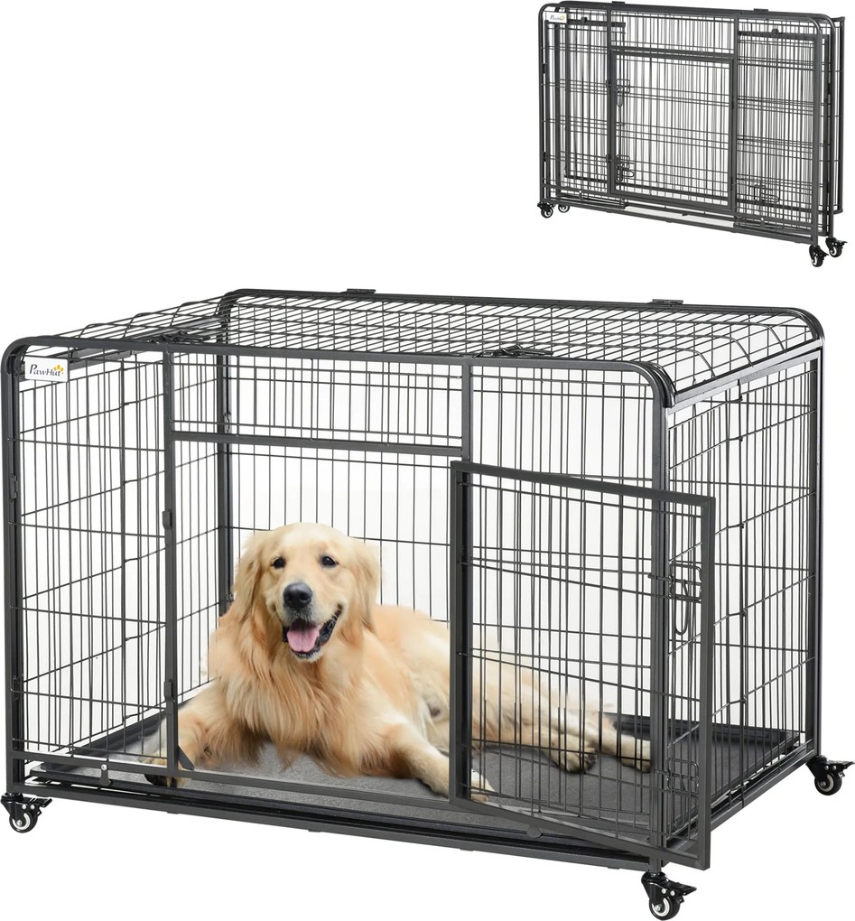 PawHut Összecsukható Fém Kutya Ketrec Nagy Kutyák Számára 125x76x81 cm Kerekekkel és Fékrendszerrel, Kivehető Tálca és Ajtó Zárakkal Golden Retriever