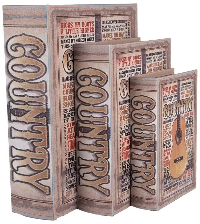 Gitáros könyv alakú vintage fa tároló doboz szett 3 részes Country
