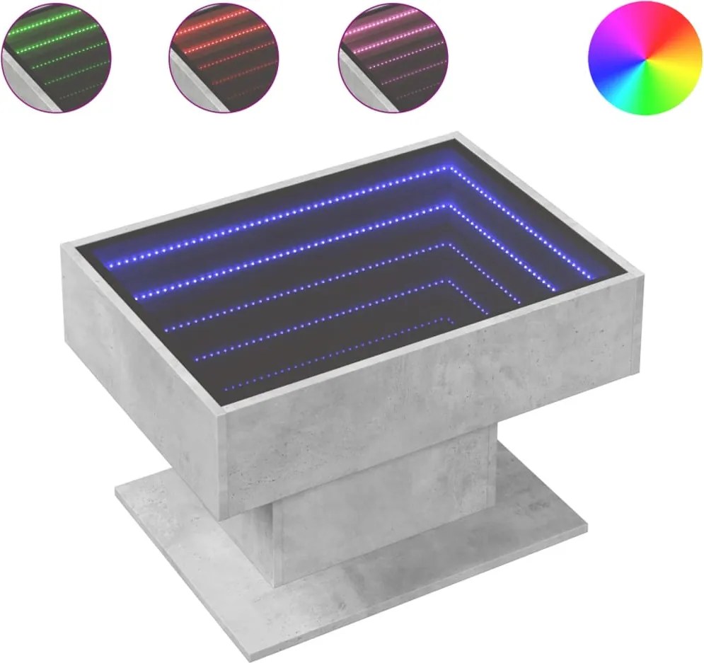 vidaXL betonszürke szerelt fa dohányzóasztal LED-del 70 x 50 x 45 cm