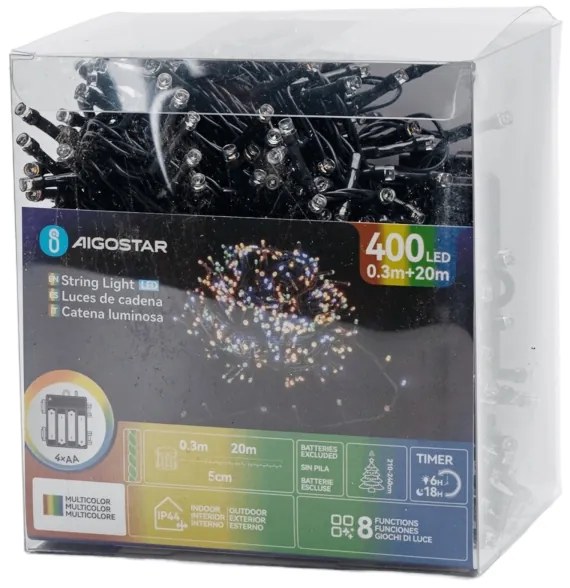 Aigostar - LED kültéri fényfüzér 400xLED/8 funkciós 4xAA 20,3 m többszínű