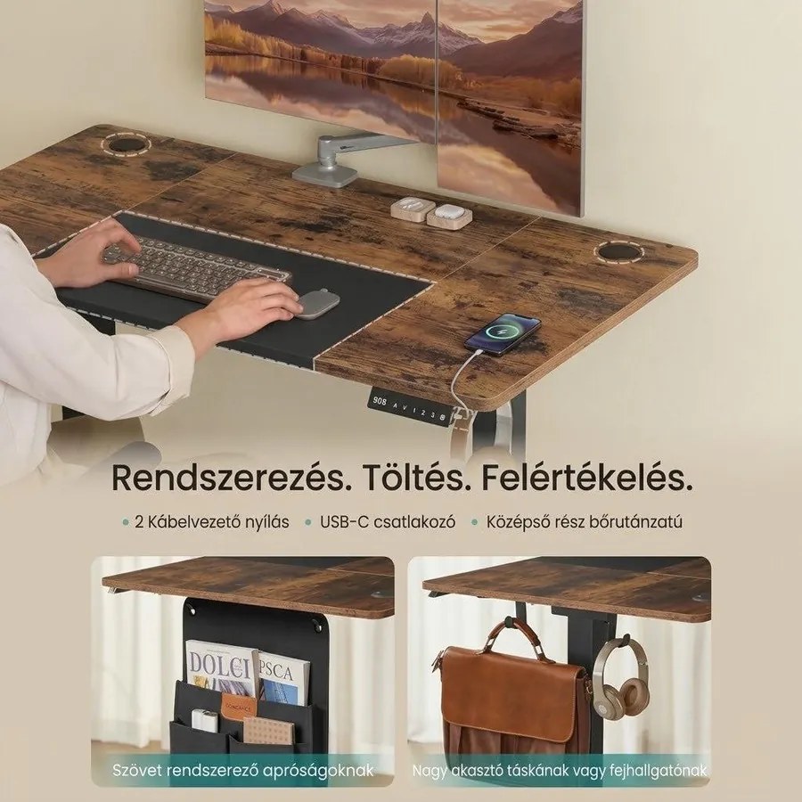 Állítható magasságú elektromos íróasztal memória funkcióval 120x60 cm, vintage barna/alapfekete