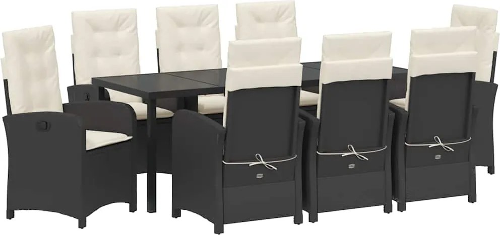 vidaXL Kert étkező szett párnával 9 pcs Fekete polirattan