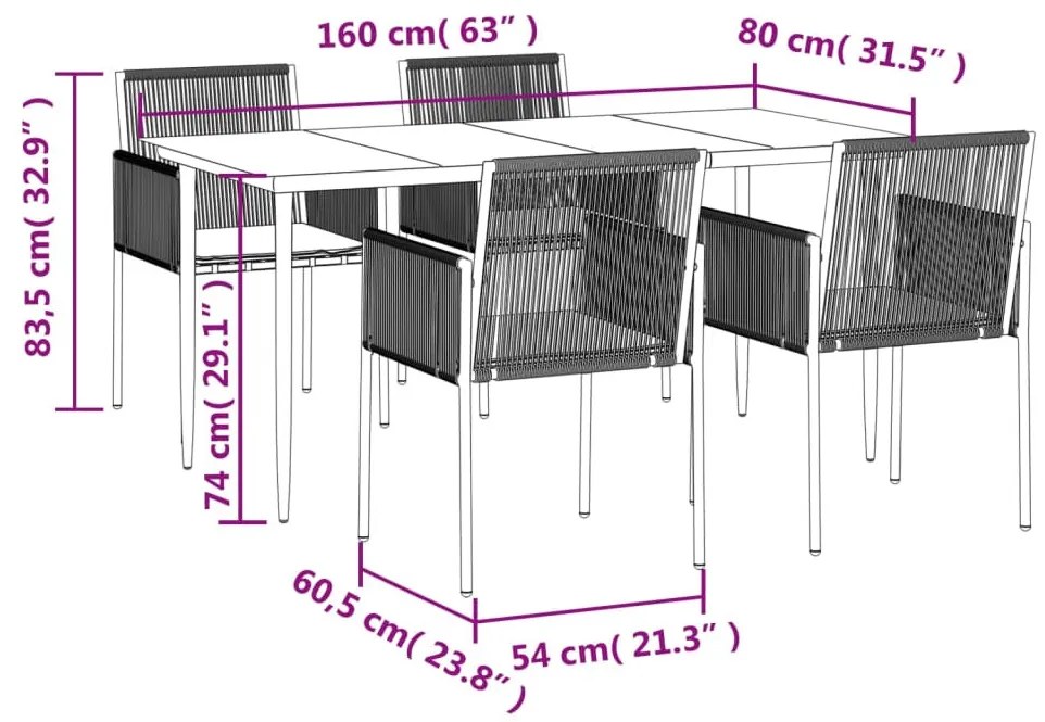 5 részes fekete polyrattan és acél kerti étkezőszett párnákkal