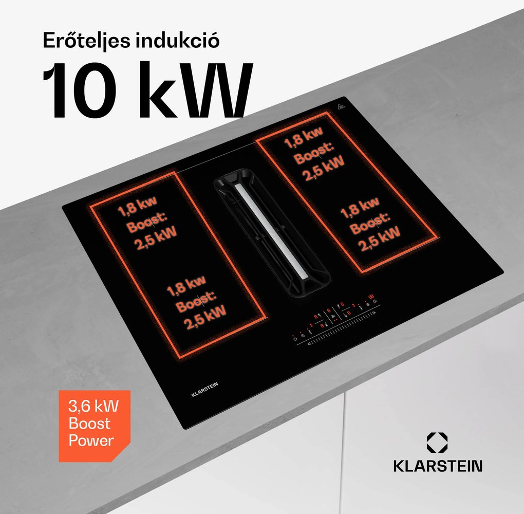 Klarstein AirJet 60 Down Air System, indukciós tűzhely + DownAir-páraelszívó,10 000 W, 600 m³/h, Boost