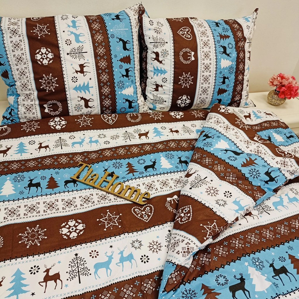 Pamut lepedők Karácsonyi lepedők Rénszarvas türkiz TiaHome - 1x Párna 90x70cm, 1x Paplan 140x200cm