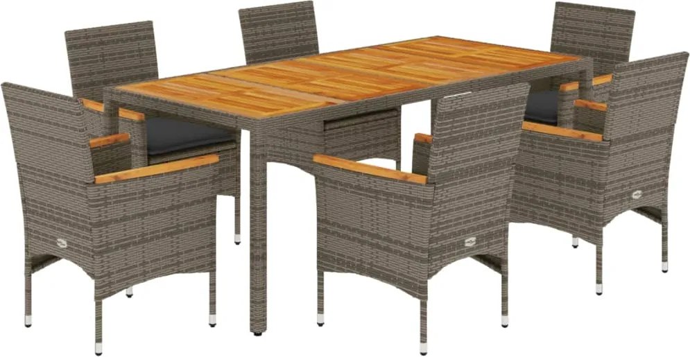 vidaXL 7részes szürke polyrattan/akácfa kerti étkezőgarnitúra párnával