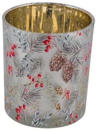 Üveg mécsestartó 12x12x18cm, fenyőágas-csipkebogyós