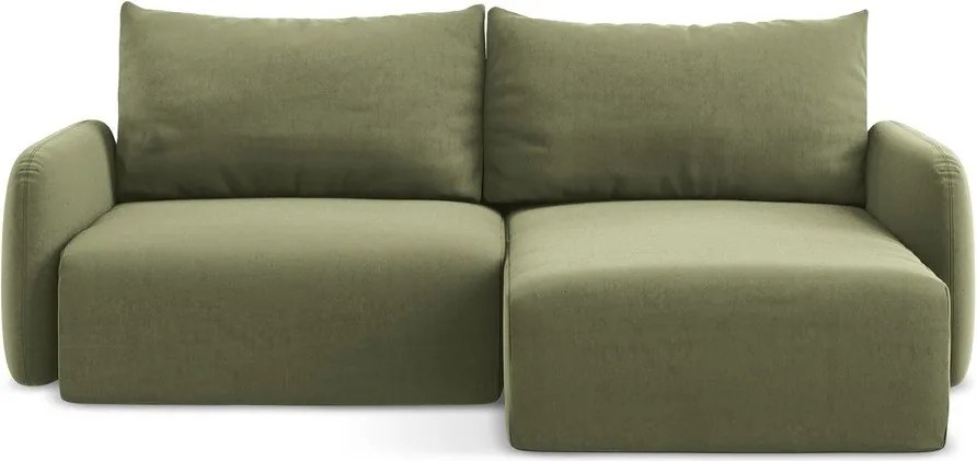 Zöld bársony kinyitható-tárolóhelyes sarokkanapé (jobb oldali-heverő résszel) Kalena – Makamii