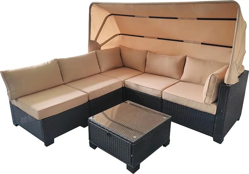 Avenberg GALIA Nagy rattan kerti garnitúra fekete/kék + bézs huzatok