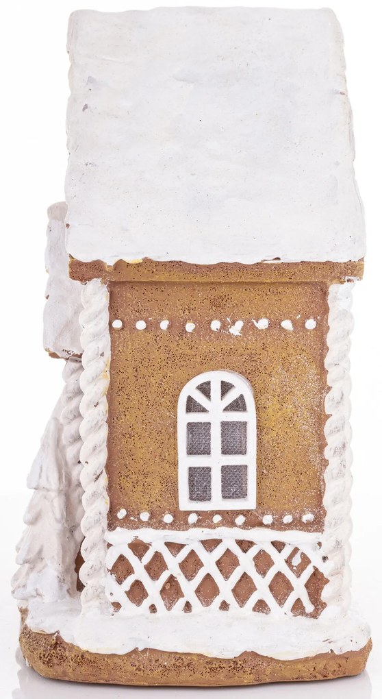 LED-es karácsonyi mécsestartó mézeskalács barna házikó fenyőfával havas tetővel mézeskalács figurákkal asztali dekoráció 23x19x12cm