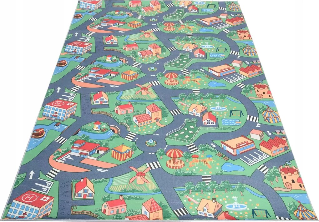 Gyerekszőnyeg Printed 140x200 Nyomtatott Színes Falu Utcák Utak Farm