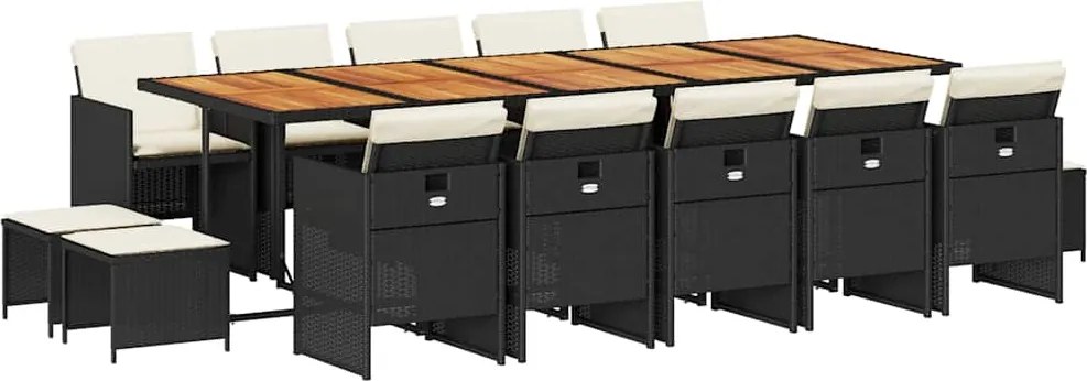 vidaXL 15 részes fekete polyrattan kerti étkezőgarnitúra párnákkal