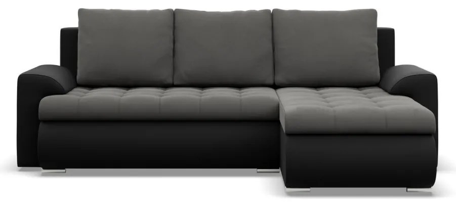 Tokio sarokkanapé, 2 ágyneműtartóval, bársony + műbőr, jobboldali, szürke - fekete