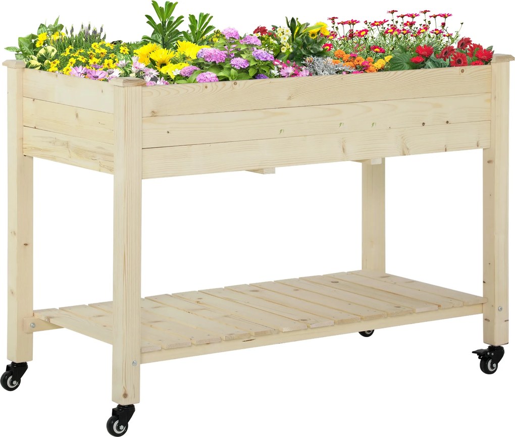 Outsunny Magas Urbánus Kertészeti Asztal 118x55x83 cm Fából Készült Magaságyás Polccal, Geotextil Anyaggal, Fékkel Ellátott Kerekekkel, Hordozható Ker