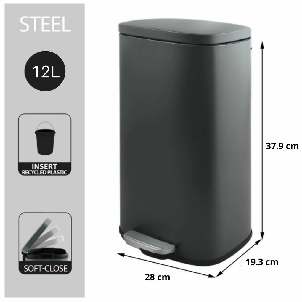 Spirella Soft-close Akira pedálos hulladékgyűjtő 12 l, matt szürke, 12 l