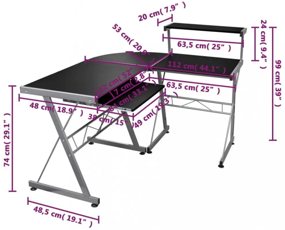 fekete szerelt fa sarok számítógépasztal 132 x 112 x 99 cm