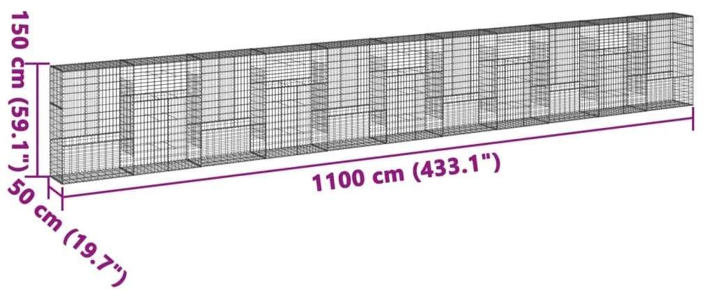 horganyzott vas gabion kosár fedéllel 1100 x 50 x 150 cm