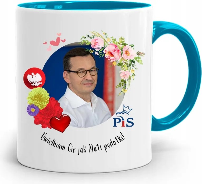 Kék Politikus Bögre Mateusz Morawiecki Miniszterelnök fényképes nyomtatással