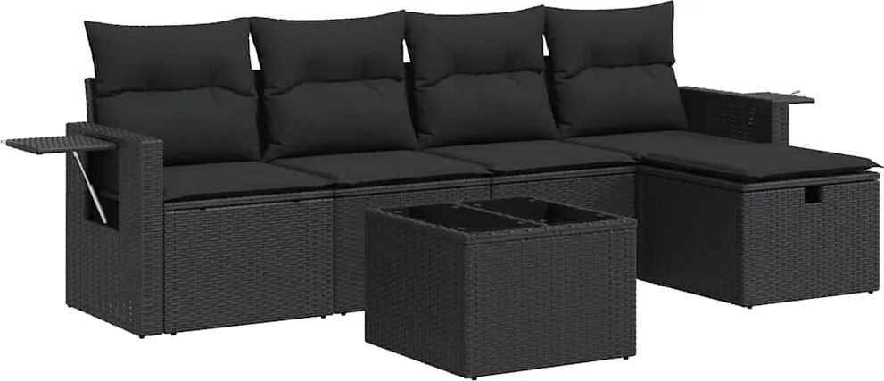 vidaXL 6 részes fekete polyrattan kerti ülőgarnitúra párnákkal