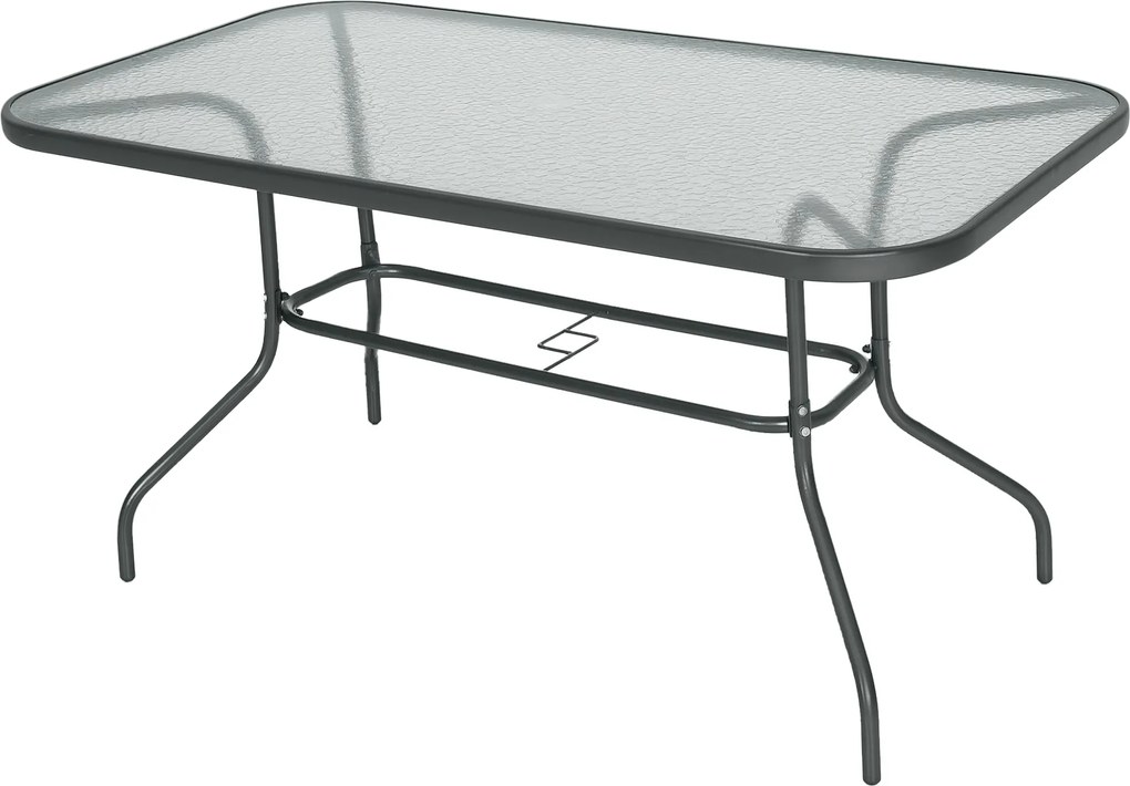 Outsunny Téglalap alakú Kültéri Kerti Asztal Ívelt Fém Élekkel és Napernyő Nyílással Edzett Üveg 70kg Teherbírás 140x80x70 cm Sötétszürke | Aosom