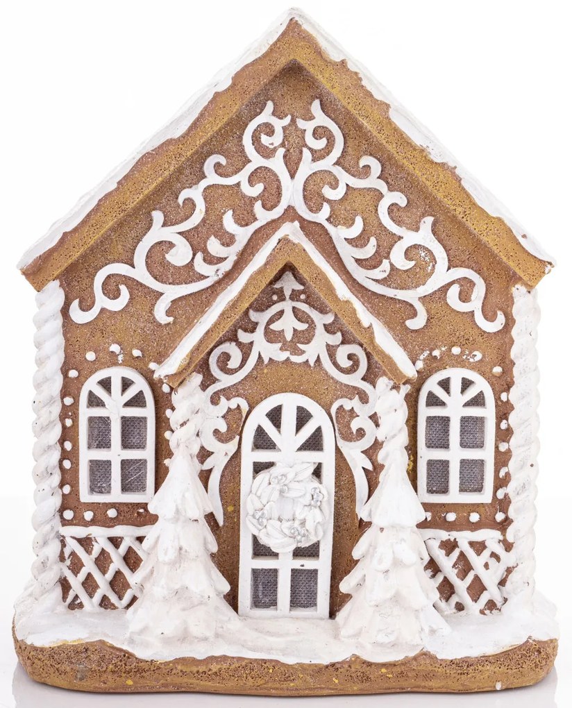 LED-es karácsonyi mécsestartó mézeskalács barna házikó fenyőfával havas tetővel mézeskalács figurákkal asztali dekoráció 23x19x12cm