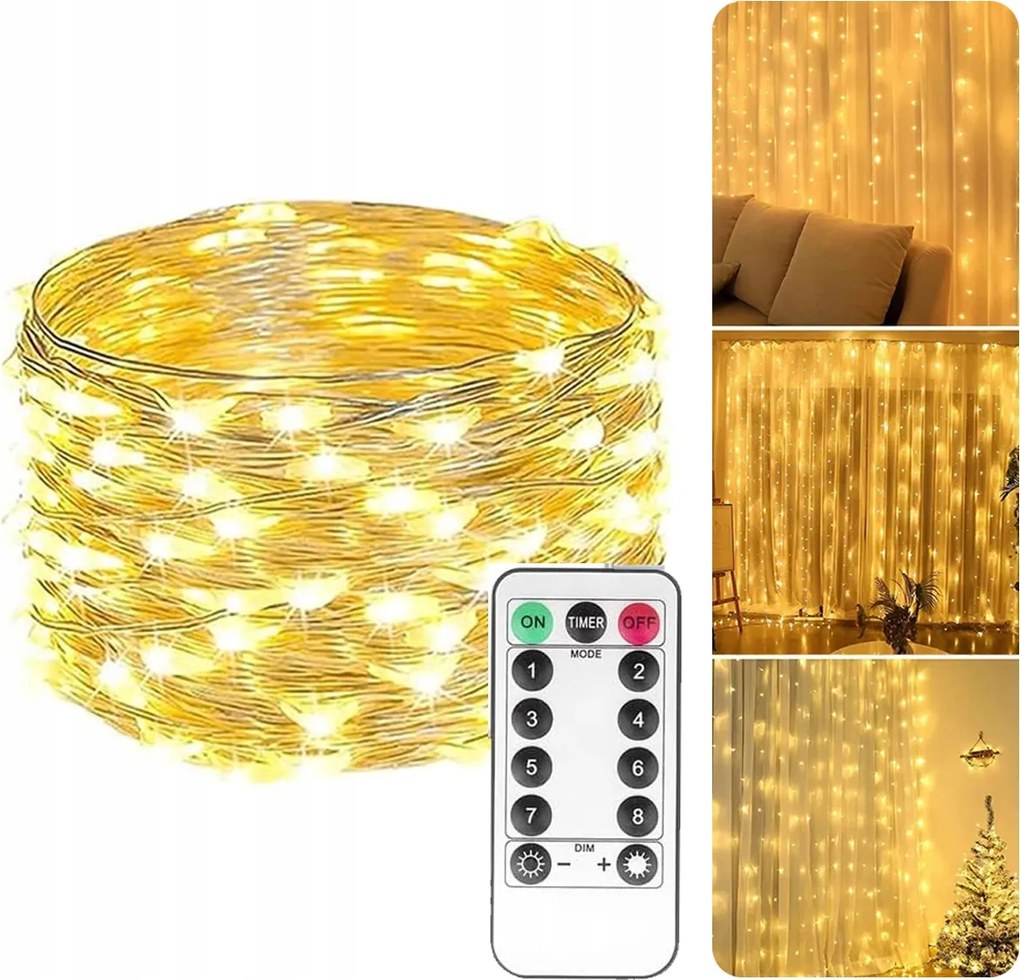 Fényfüggöny 300 Led Meleg Füzér Fénylánc Távirányító 3x3 M