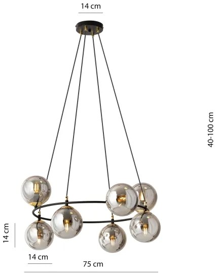 Csillár zsinóron AZURA 8xE14/10W/230V fekete/szürke