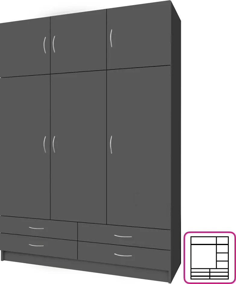 Ruhásszekrény, háromajtós, grafit, GERI NEW