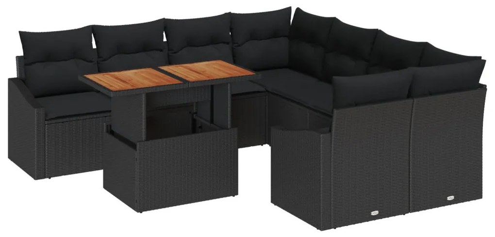 9 részes kertkanapé szett párnákkal, fekete poly rattan