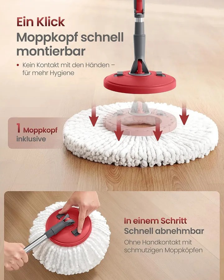 SONGMICS forgófejes felmosó készlet pedálos vödörrel, 4 huzattal, szürke-piros
