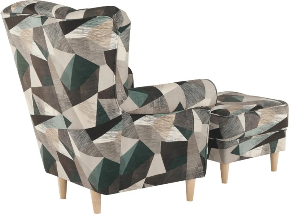Füles fotel puffal, szövet barna-zöld minta, ASTRID