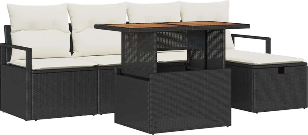 vidaXL Kerti Kanapé Szett párnával tárolóval 6 pcs Fekete polirattan