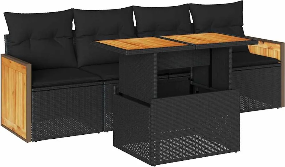 vidaXL 5 részes fekete polyrattan akácfa kerti kanapészett párnákkal