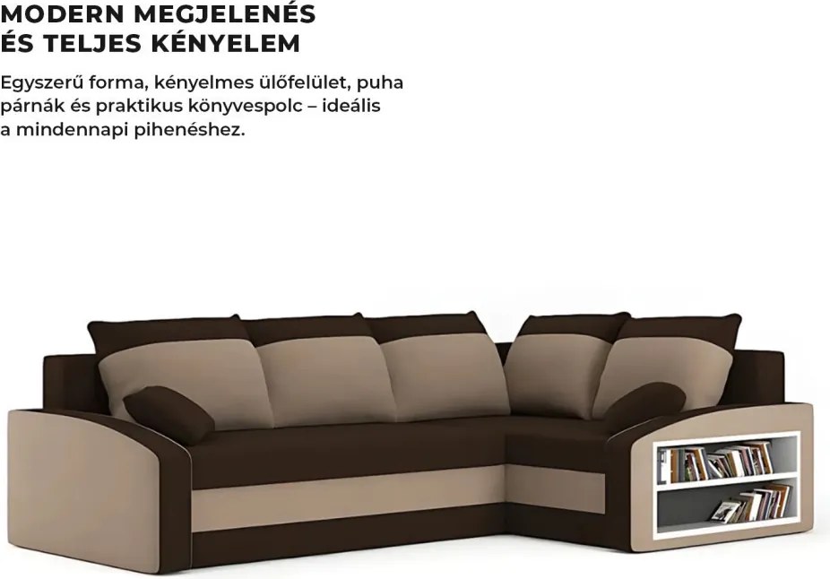 Grande sarokkanapé polcokkal , polc a jobb karfaban, jobboldali, szövet anyag, bonell töltet, barna