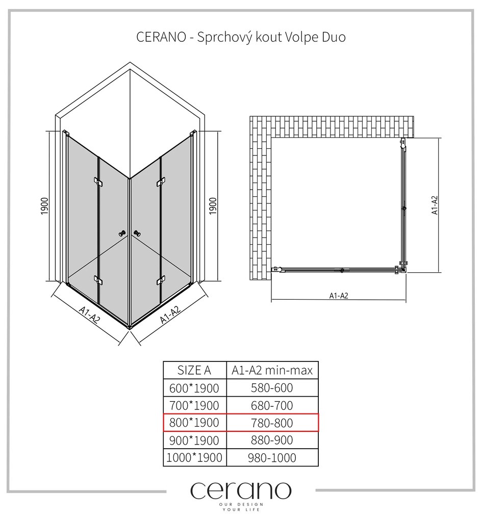 Cerano Volpe Duo, zuhanykabin összecsukható ajtóval 80 (ajtó) x 80 (ajtó), 6mm átlátszó üveg, fekete profil, CER-CER-427381