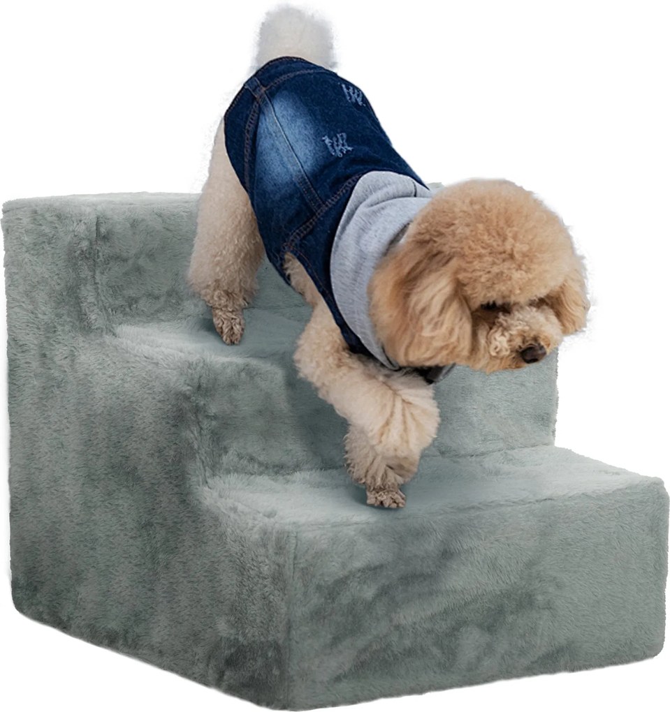 PawHut 3 lépcsős kutyafok, 35 cm macskalépés ágyhoz és kanapéhoz, kutyák és macskák részére, 5 kg-ig, plüss megjelenés, világosszürke | Aosom