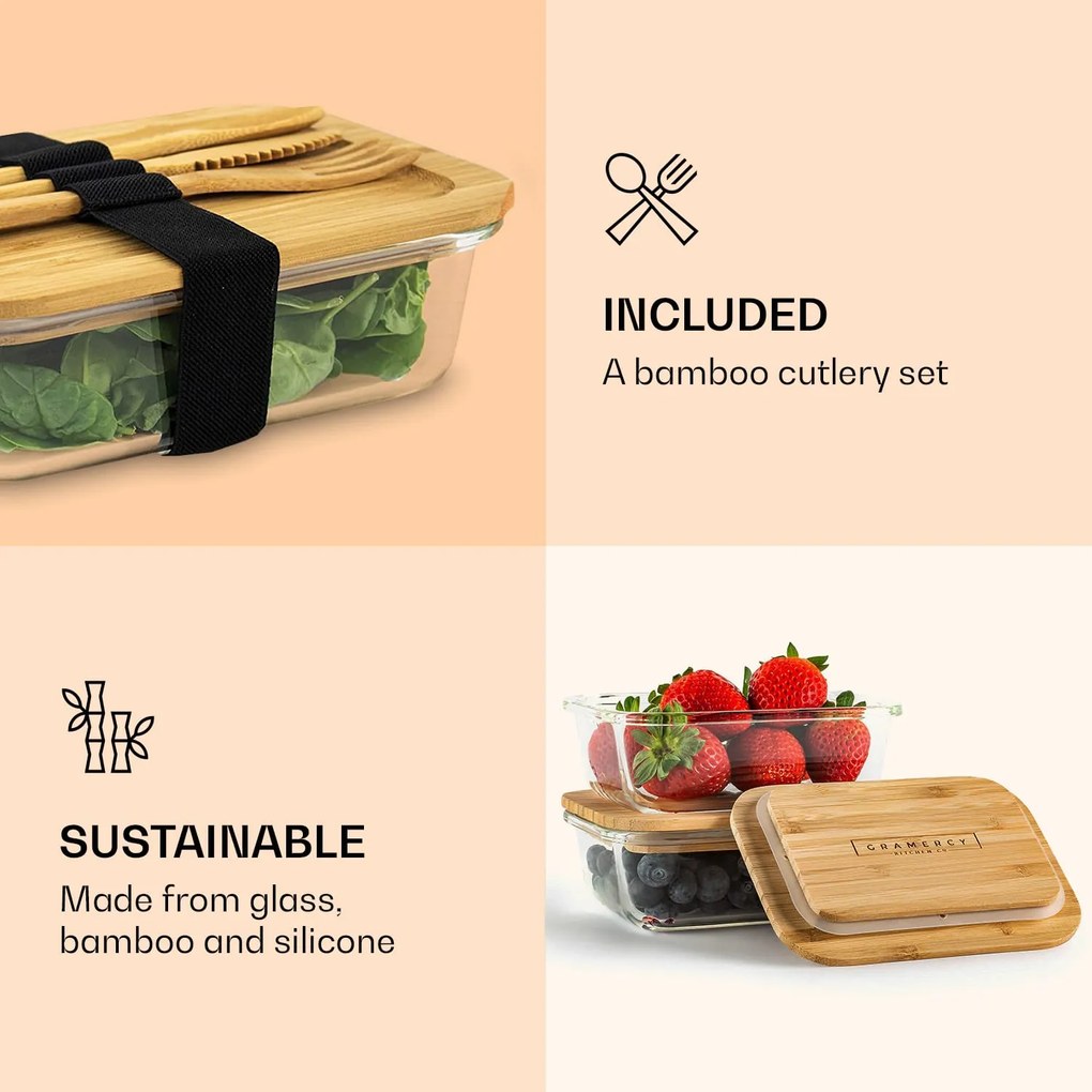 Gramercy Friss élelmiszer tartó dobozkészlet, 4 méretben, boroszilikát üveg, bambusz fedőkkel, egymásra rakható