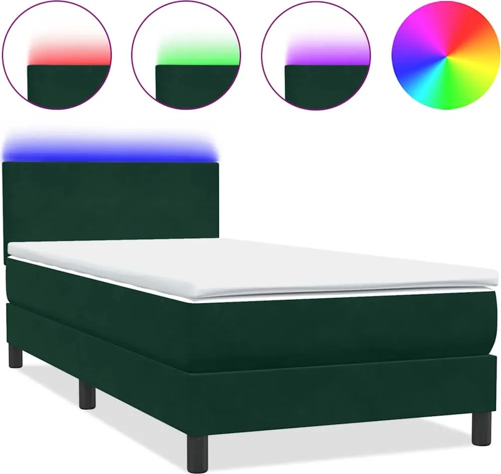 vidaXL sötétzöld bársony rugós és LED-es ágy matraccal 80x220 cm