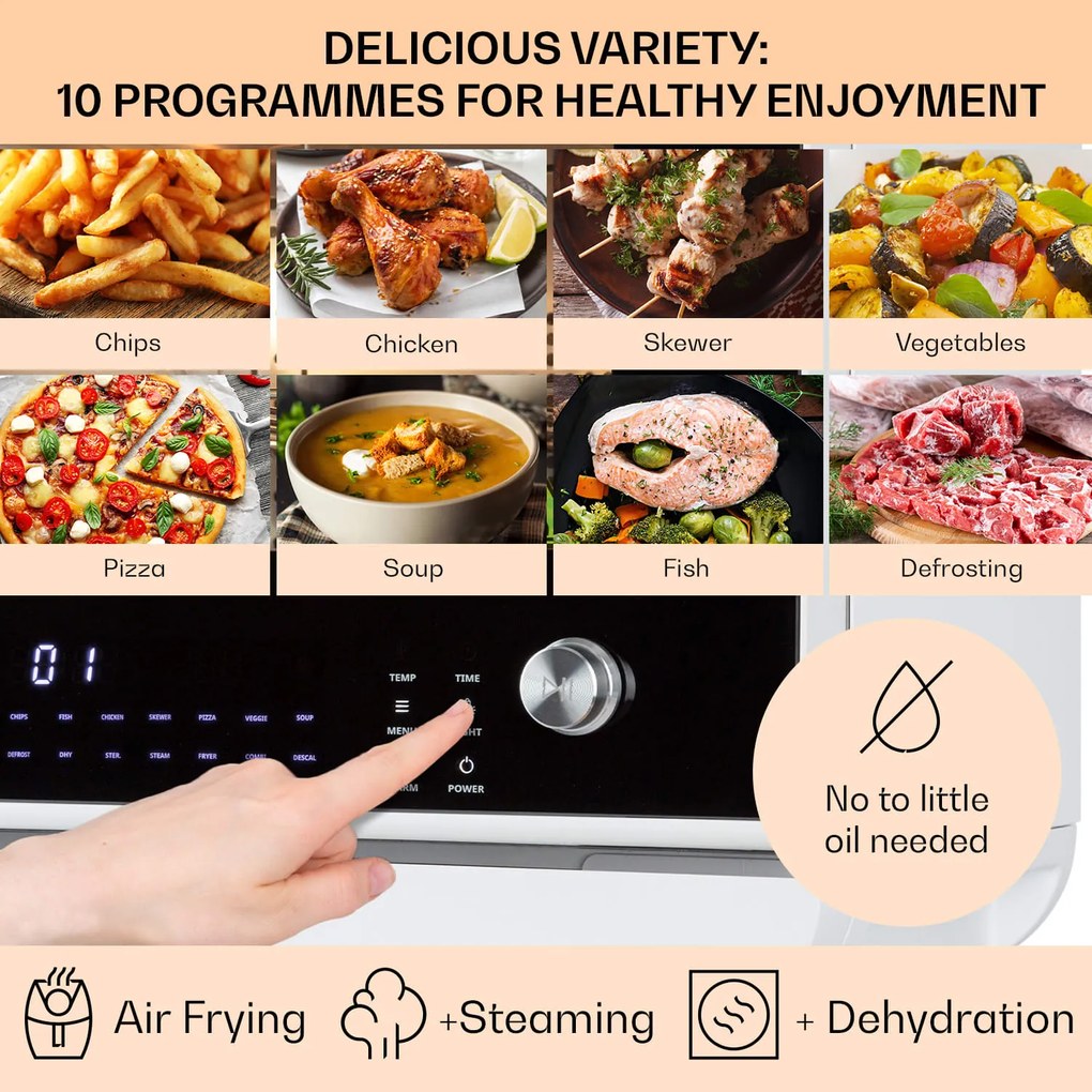 Klarstein Vita Pro, forrólevegős fritőz gőzfőzéssel, 2450 W, 18 l, 14 program, 800 ml víztartály